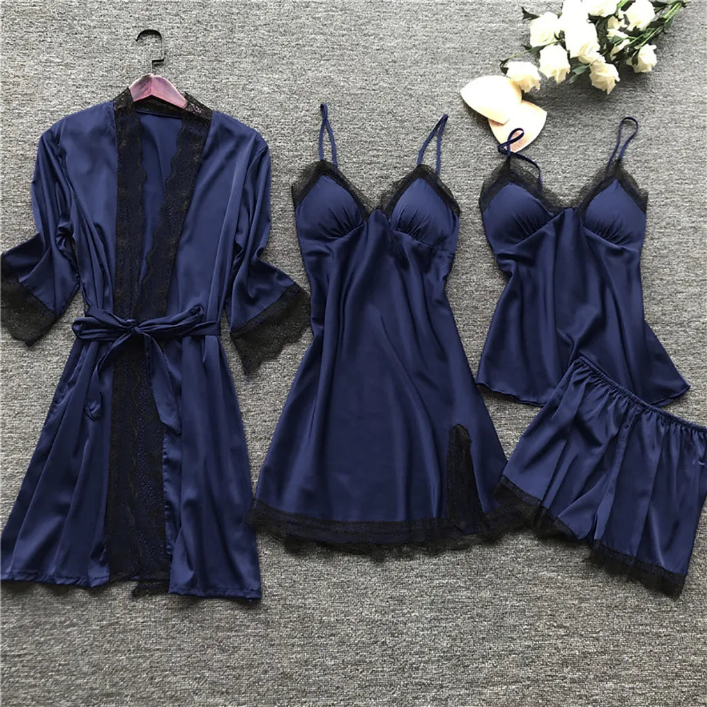 Large Size 4 Piece Women Pajama Sets Sexy Lace Embroidery Robe With Nightdress Outfits Loungewear Satin Silky Pyjama Sets