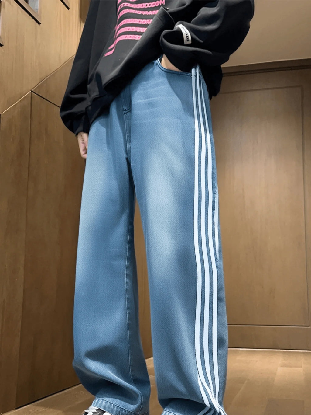 Striped Denim Pants for Men,Loose Fit Y2K Vintage Style Long Trousers,Straight Leg Baggy Retro Design Jeans