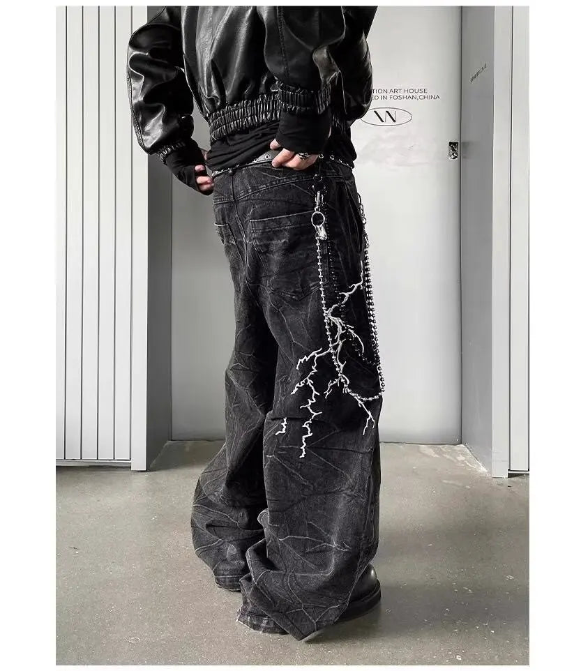 American High Street Y2K Style Thorn Lightning Embroidery Wide-Leg Jeans for Men, Niche Hip-Hop Loose Straight-Leg Flared Pants