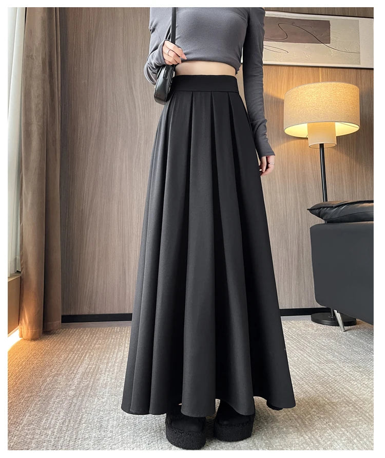 Beiyingni Women Long Suit Maxi Pleated Black Skirts Korean Fashion 2024 Autumn High Waist Slim A-line Skirt Ladies Gray Faldas