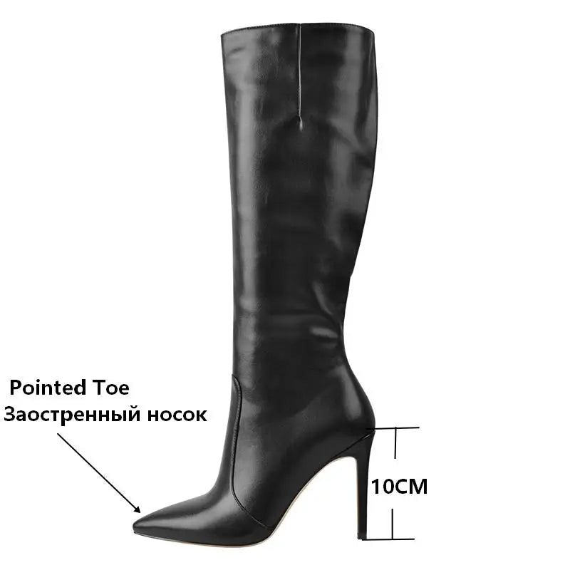 Onlymaker Pointed Toe Knee High Boots Stiletto High Heels Soft PU Leather Flock Concise Side Zipper Big Size Fashion Boots