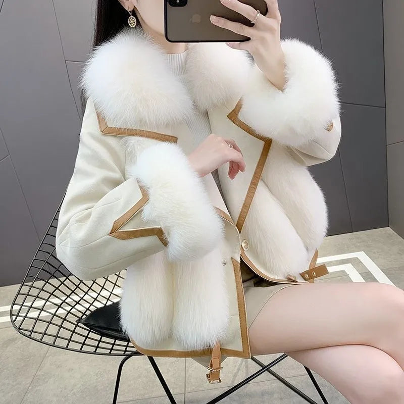 2025 Women Mid-Long Style Faux Fur Jacket Winter Female Pu Leather Splicing Fur Outwear Ladies Long Sleeve Thicken Warm Fur Coat