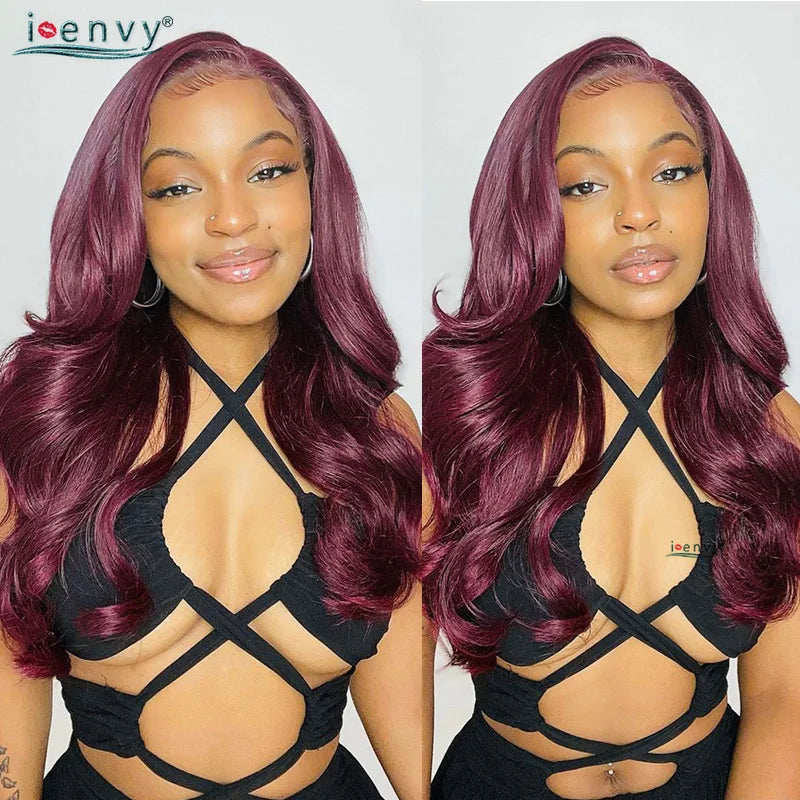 13X4 HD Transparent Lace Front Wigs Burgundy Red Human Hair Wigs PrePlucked 13X6 32Inch Body Wave Lace Front Wig For Women Curly