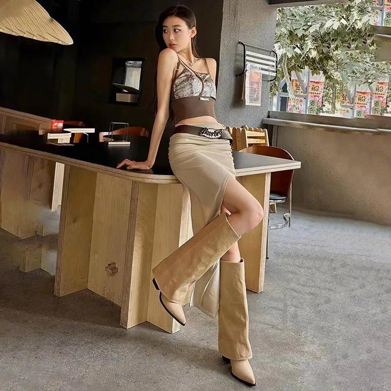 Women Pointed Toe High Boots Fashion Sexy Mid Heels Shoes Woman Chunky Trend Chelsea Boots Pumps Elegant Mujer Snow Goth Botas