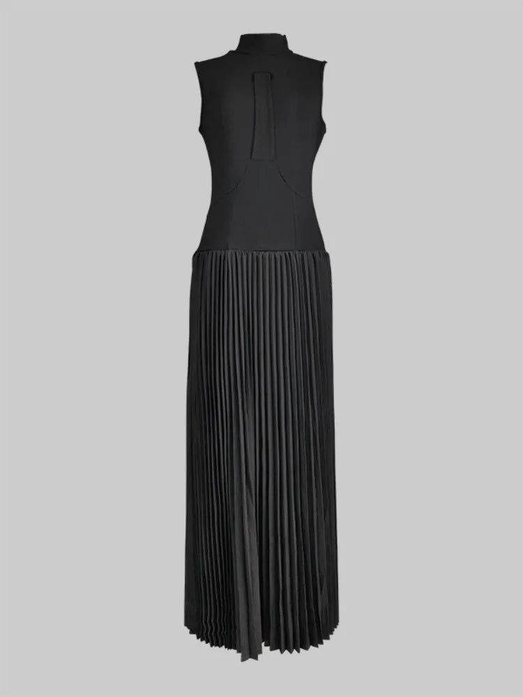 Missuoo Summer Women's Party Dress Solid Black Skinny High Neck Sleeveless Pleated Maxi Dress Female Elegant Big Swing Dresses
