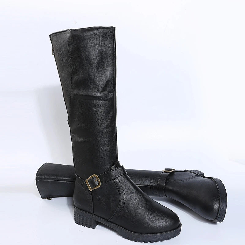 Vintage Brown Women Knee High Boots Big Size Low Heels Platform Long Boots Autumn Winter Pu Leather  Women Warm Booties