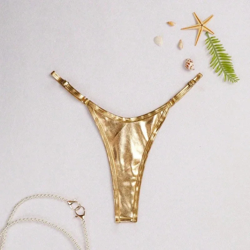 Women Adjustable Strap Thong Lady Briefs Panties G-string Glossy Triangle Shape Solid Color Elastic Mid Waist Ladies Underpants