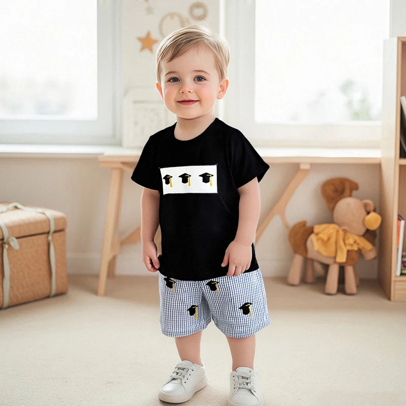 Cute 2 Piece Summer Outfits with Graduation Cap Embroidery Short Sleeve T-Shirt and Plaid Shorts Set for Baby Girl or Boy
