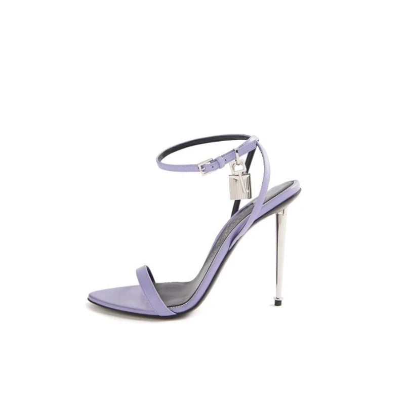 2025 New Sexy Gold Padlock High Heels One Word Buckle Open Toe Thin Heels Leather Shoes Ankle Strap Gladiator Sandal 44