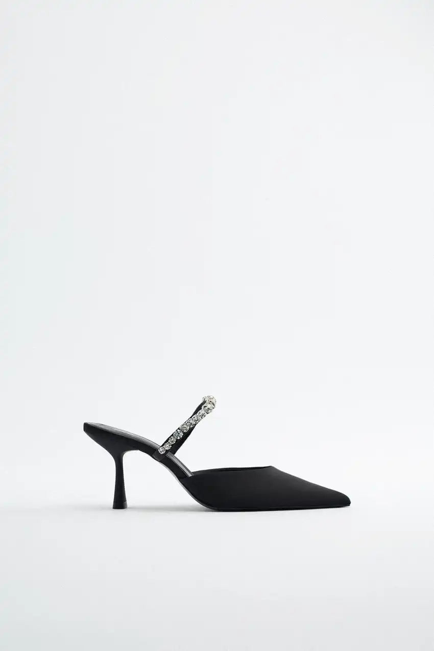 High Heel Sandals Summer 2022 New Pointed Toe Stiletto Black Sexy Ladies Sandals Rhinestone Sequins Big Size Slippers shoe woman