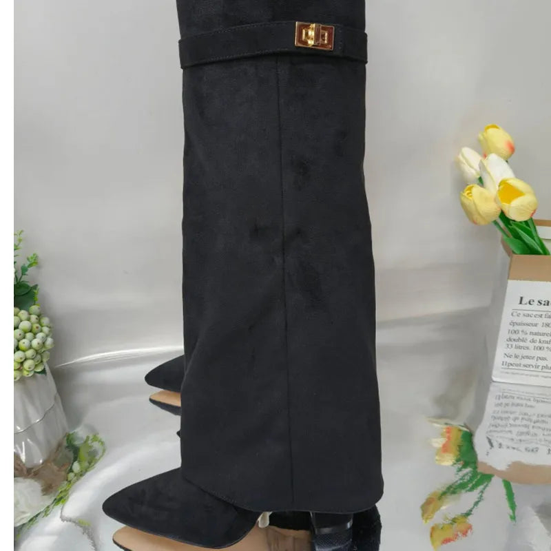 Ladies' Autumn and Winter New Pointed Knee High Women's Boots, Thick High-heeled Long Pants Boots, Fashionable Mid Rise Boots