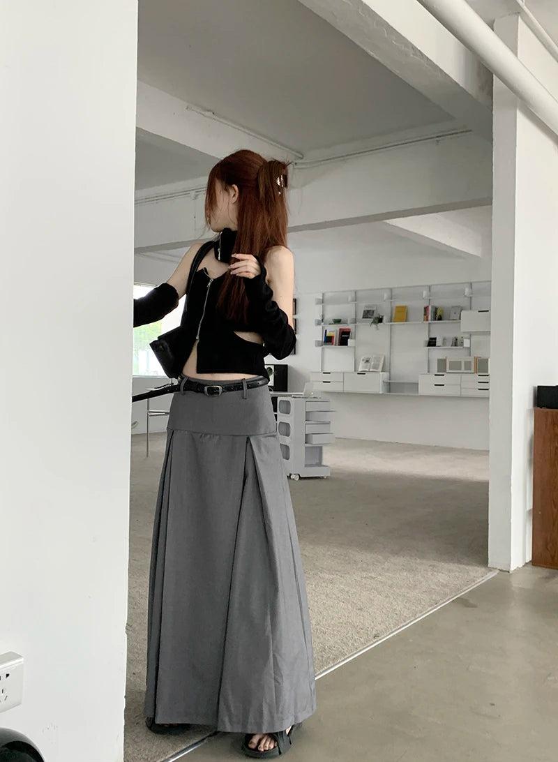 Qiukichonson Grey Midi Long Skirts Womens Trousers Skirt 2022 Autumn Winter Goth Lolita High Waist Asymmetrical Pleated Skirts