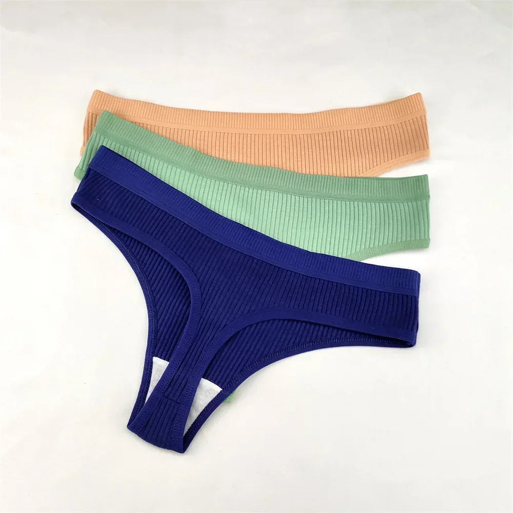 3Pcs/Set Women Thong G String Soft Ribbed Cotton Brazilian Panties Solid Color Low Rise Underwear Female Intimates Lingerie