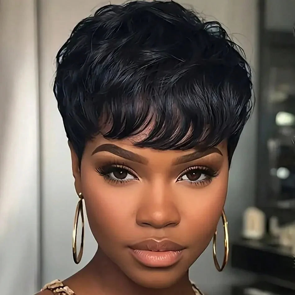 Human Hair Pixie Cut Wig for Women Brazilian Human Hair Pixie Wigs Human Hair Layered Short Wigs with Bangs