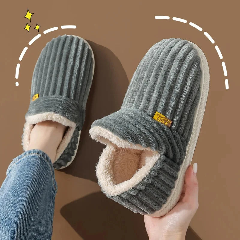 Comwarm Warm Fur House Slippers For Women Men 2023 Winter New Ankles Cozy Plush Slippers Home Indoor Soft Thick Sole Cotton Shoe