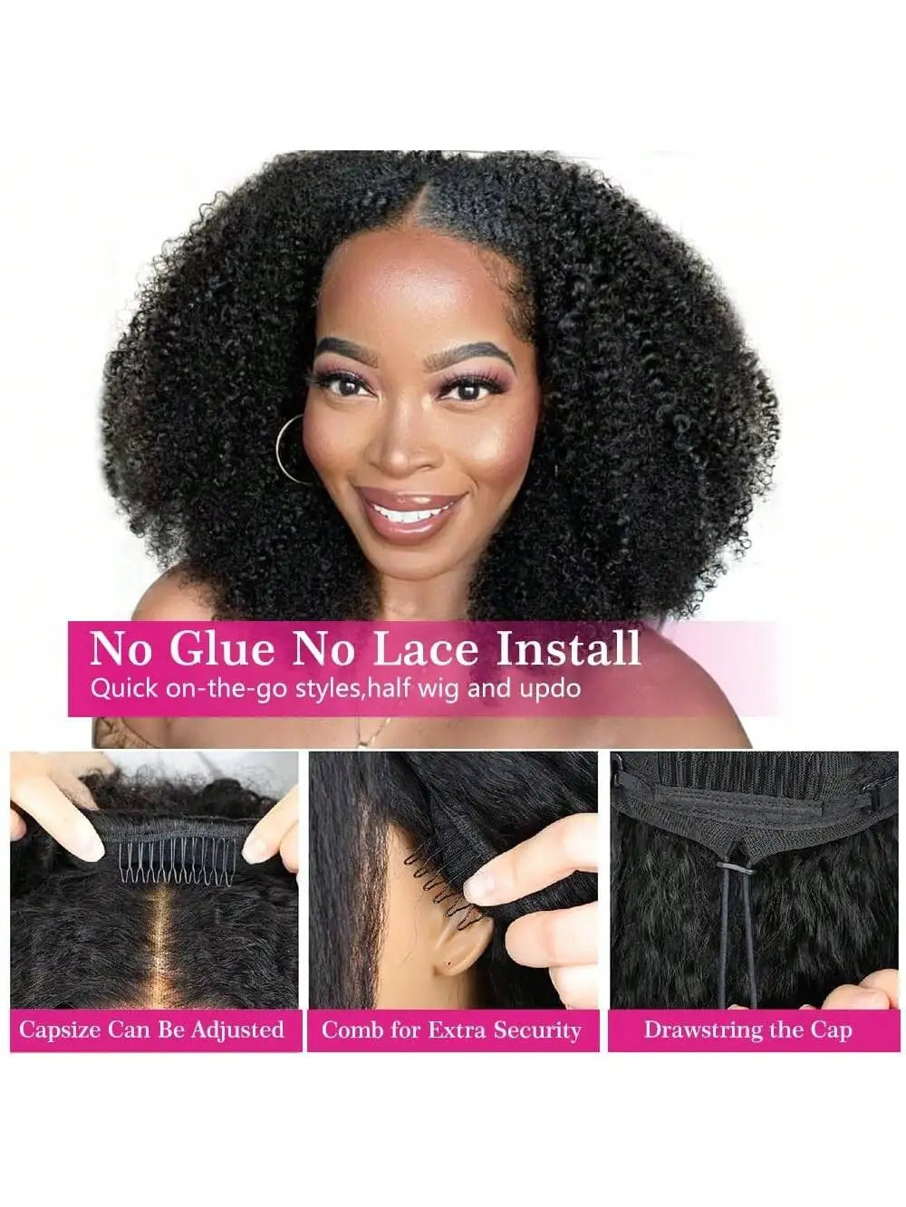 Afro Curly 3 In 1 Half Wig Human Hair Elastic Drawstring Wear Go Glueless Kinky Curly Human Hair Half Wigs Friendly To Beginners