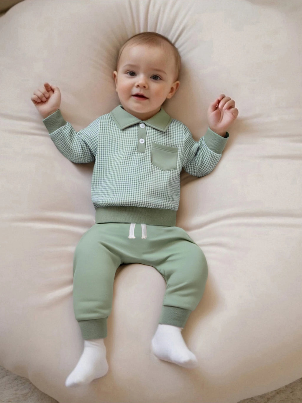 2025-06-03 Lioraitiin Toddler Baby Boys Fall Set Plaid Long Sleeve Lapel Tops and Solid Color Bow Pants with Pocket 2Pcs Outfits