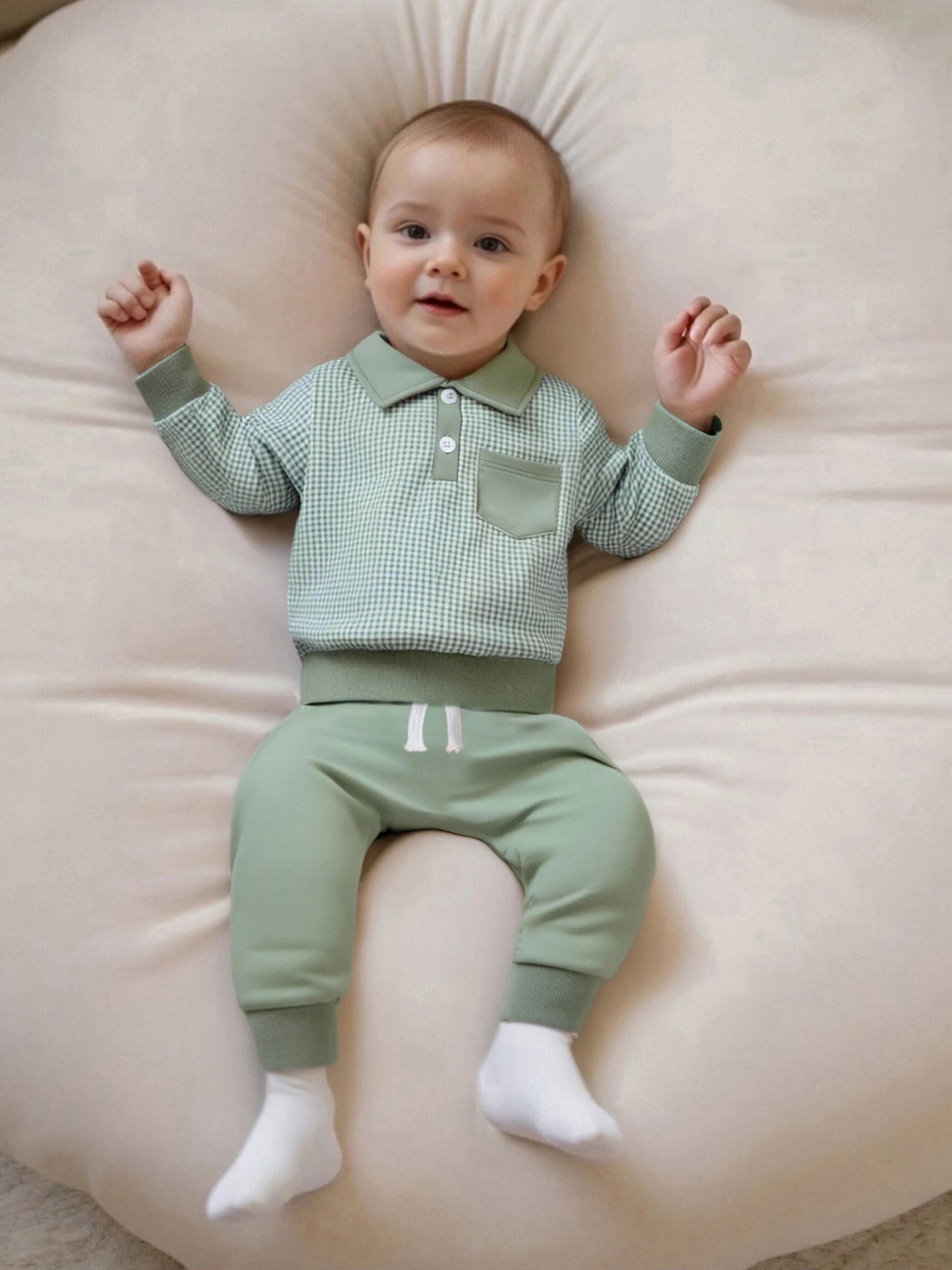 2025-06-03 Lioraitiin Toddler Baby Boys Fall Set Plaid Long Sleeve Lapel Tops and Solid Color Bow Pants with Pocket 2Pcs Outfits