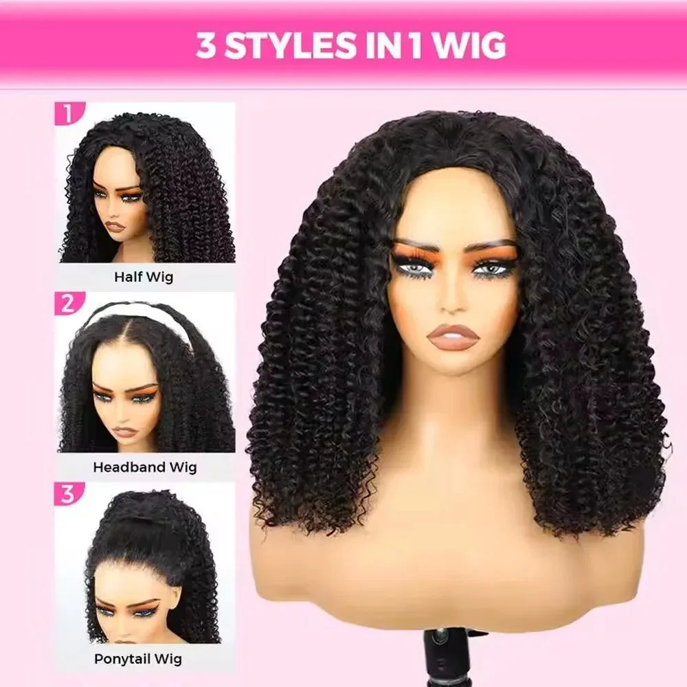 250% Half Wigs Human Hair Afro Kinky Curly Headband Wig Upgrade 3 IN 1 Half Wig With Drawstring Seamless Clip Ins Flip Over