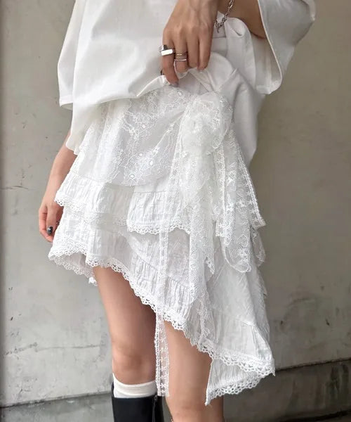Jeans Pants Decor Embroidered Flower Lace Mini Skirt Irregular See Through Ruched Skirts High Waist Harajuku Pleated Skirts