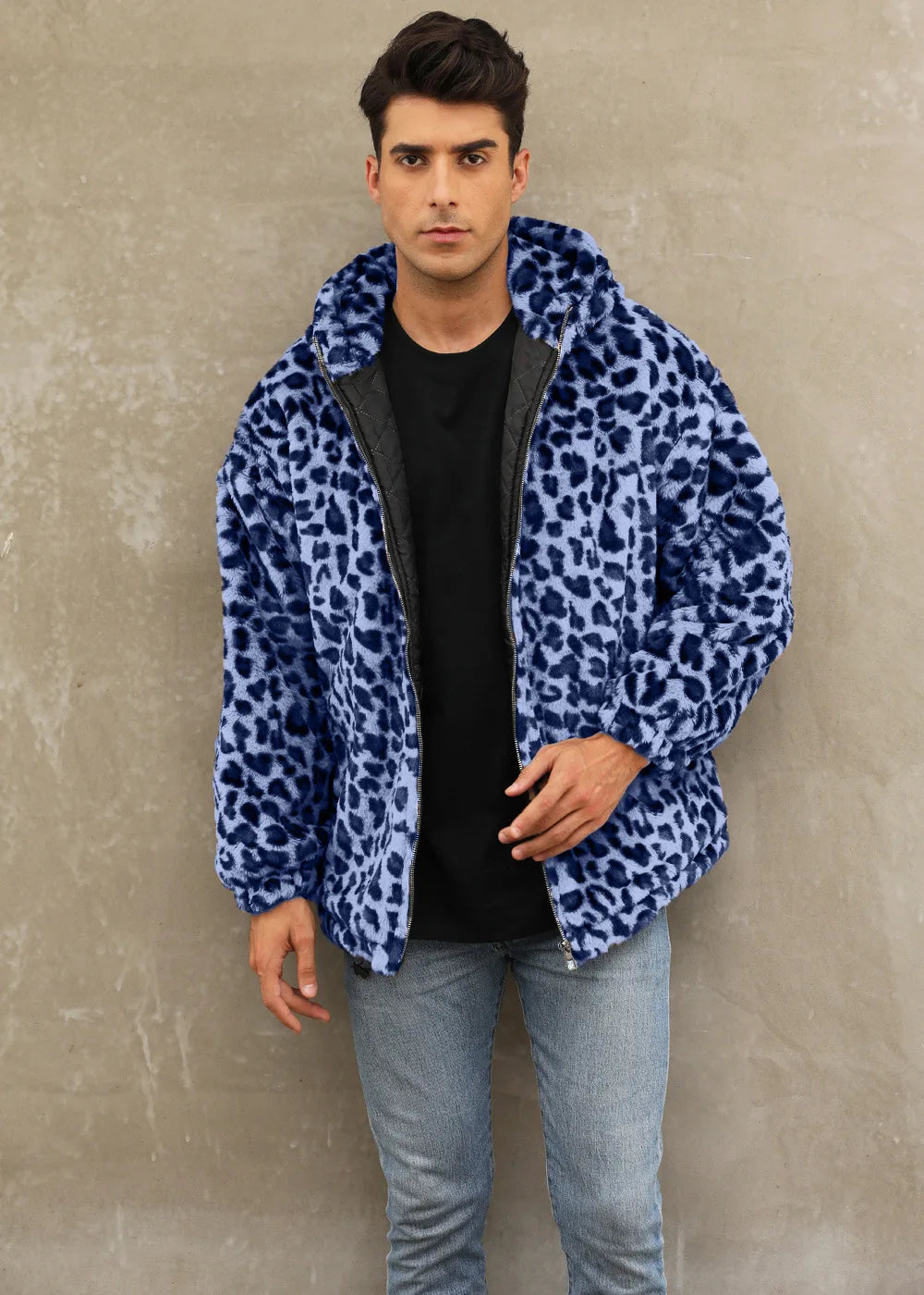 Autumn and Winter Warm Plush Leopard Print Jacket Imitation Fur Zipper Hooded Jacket for Men