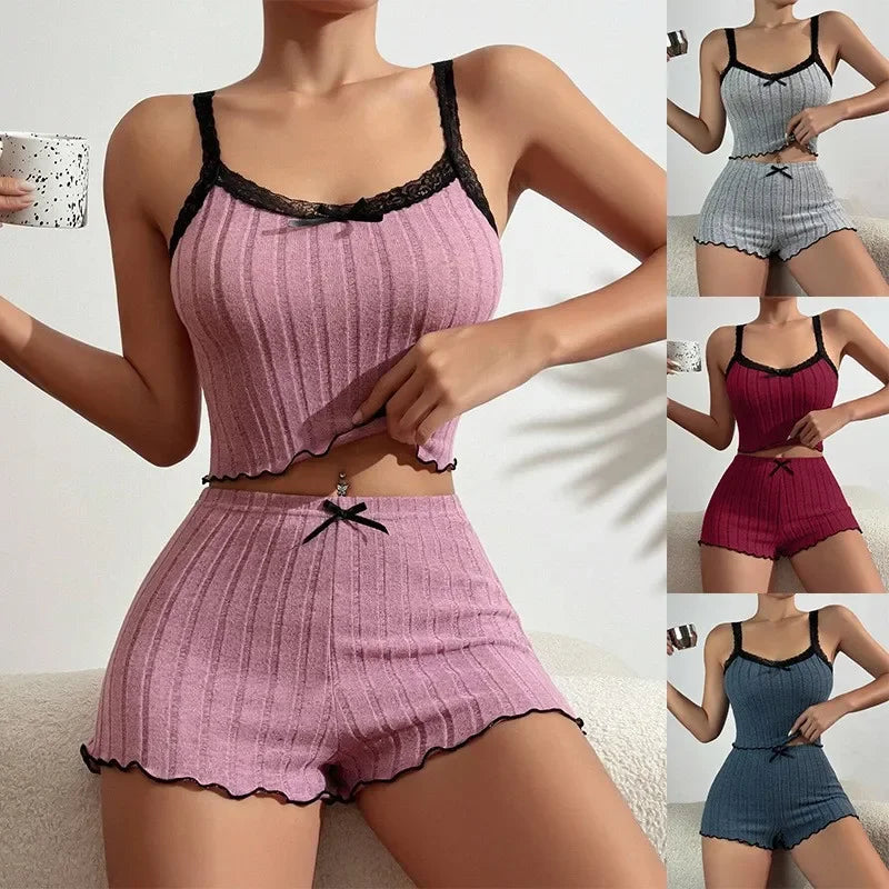 New Womens Ribbed Knit Pajama Set Lace Trim Bow Cami Crop Top Lettuce Hem Shorts Loungewear Sleepwear Cute Soft 2 Piece