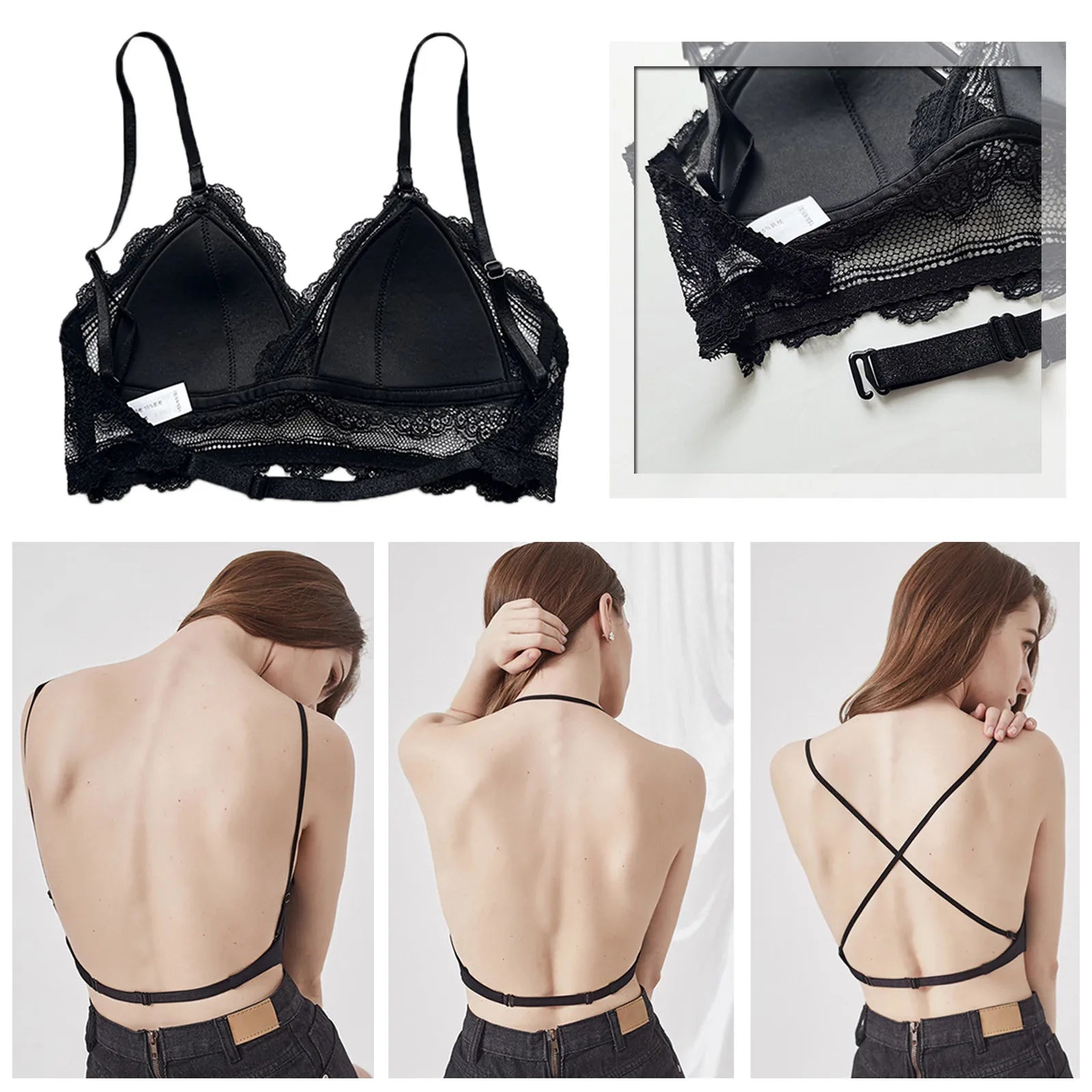 Sexy Low Back Bras Ladies U Backless Invisible Lace Wireless Bra Bralette Mesh Ultra Thin Seamless Underwear Women Lingerie