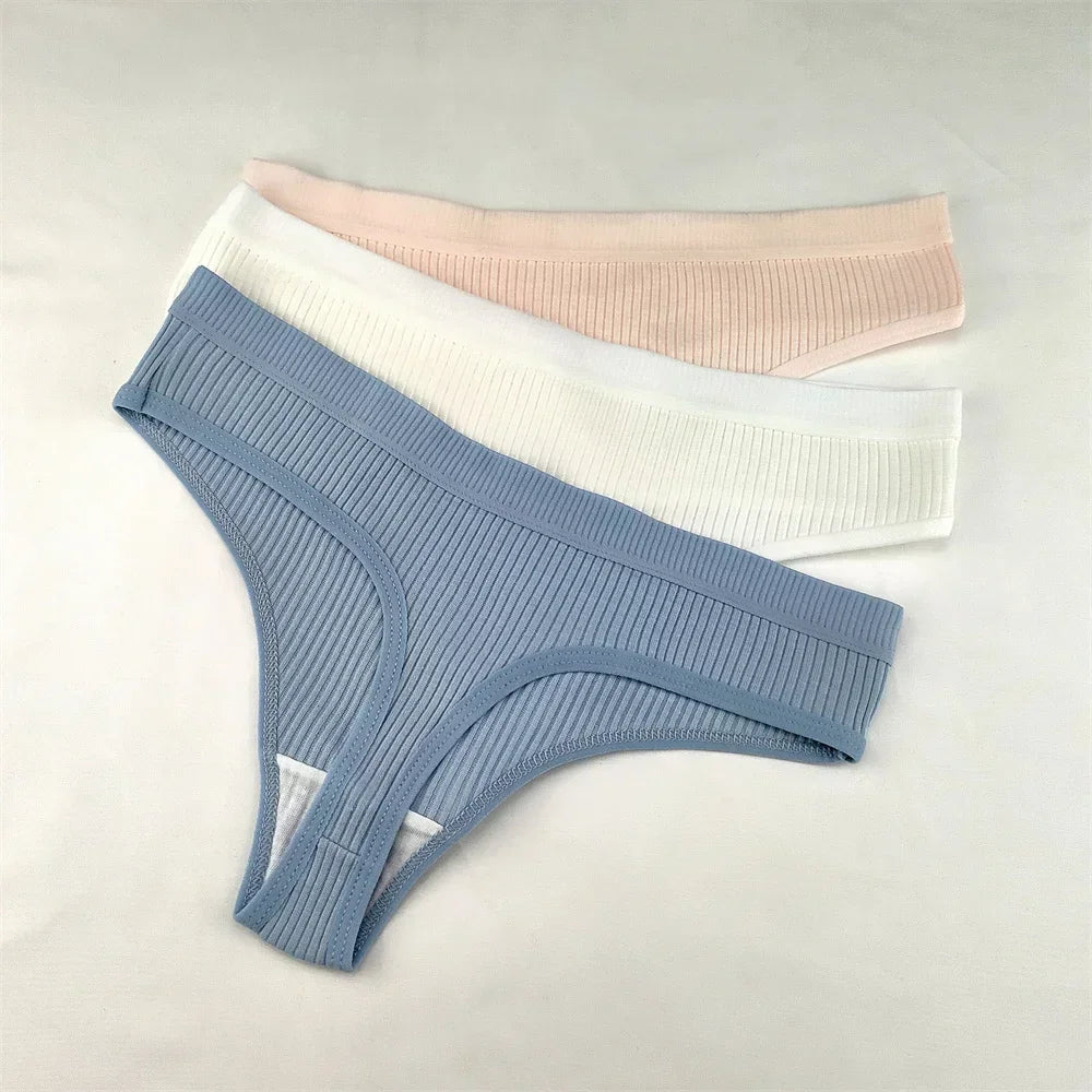 3Pcs/Set Women Thong G String Soft Ribbed Cotton Brazilian Panties Solid Color Low Rise Underwear Female Intimates Lingerie