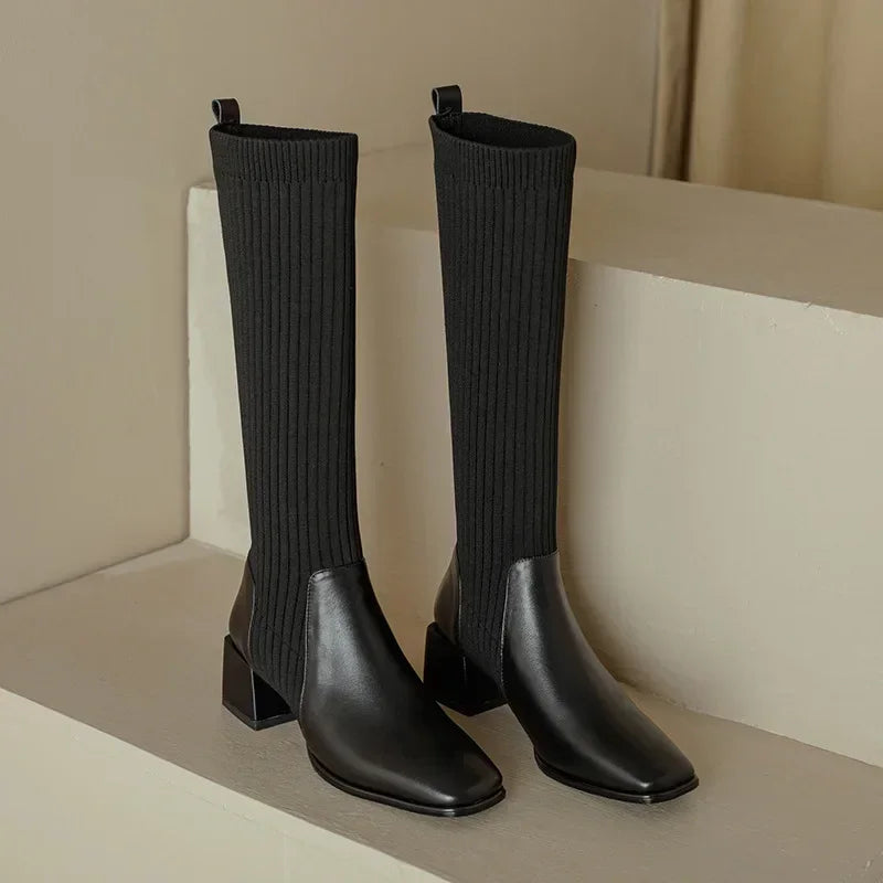 Autumn Winter Knitted Long Boots Women New Knee High Socks Shoes Women Fashion Slip on High Heels Retro Elastic Botas Mujer 202