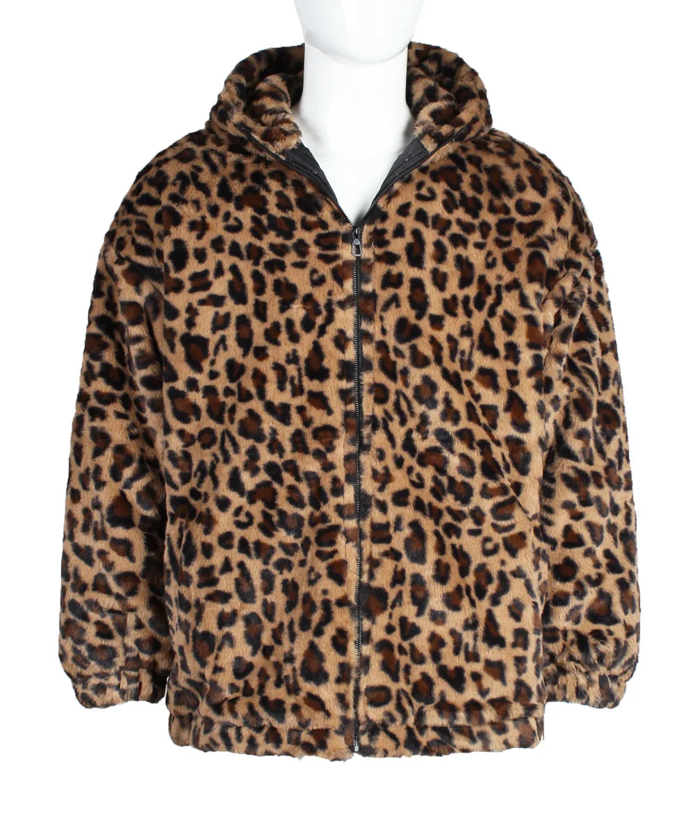 Autumn and Winter Warm Plush Leopard Print Jacket Imitation Fur Zipper Hooded Jacket for Men