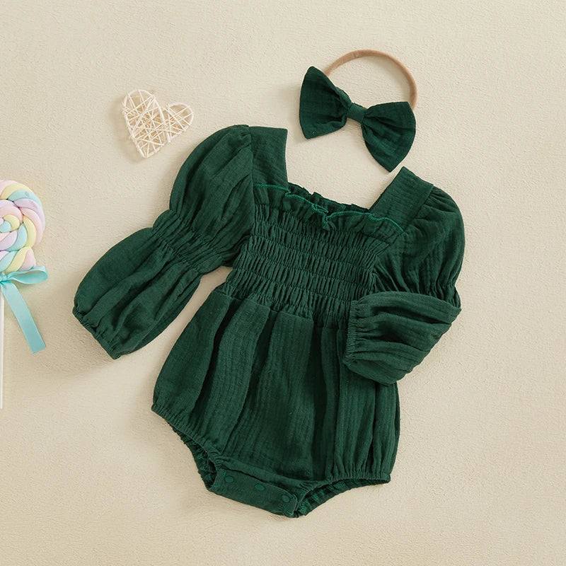 2024-10-29 Lioraitiin Baby Girls Spring Romper Long Sleeve Square Neck Solid Color Romper with Headband