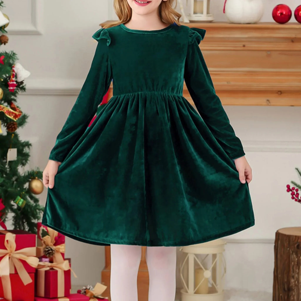 Girls Casual Velvet Dress Ruffled Long Sleeve Spring Fall Dress Evening Party Dress Winter Frilly Dresses For Little Girls