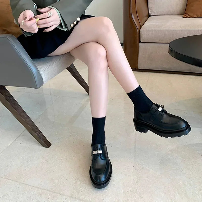 Office Career Women Pumps PU Spring New British Retro Metal Buckle Thick Bottom JK Flat Bottom Small Leather ShoesWoman Shoe