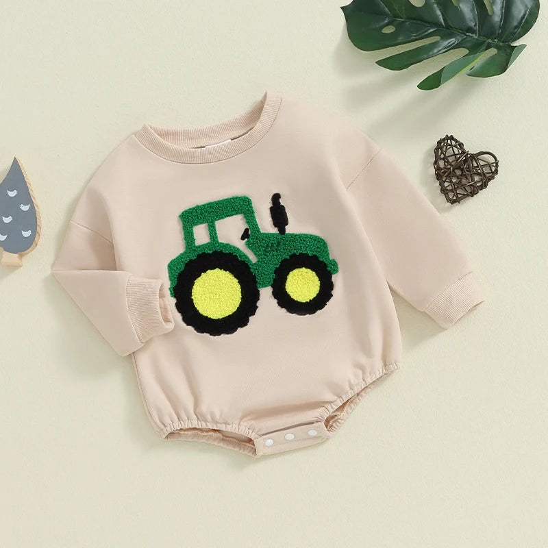 2024-05-08 Lioraitiin Baby Girls Boys Autumn Romper Long Sleeve Crewneck Tractor Embroidery Casual Playsuit