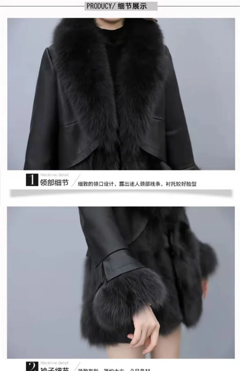 2025 Women Mid-Long Style Faux Fur Jacket Winter Female Pu Leather Splicing Fur Outwear Ladies Long Sleeve Thicken Warm Fur Coat
