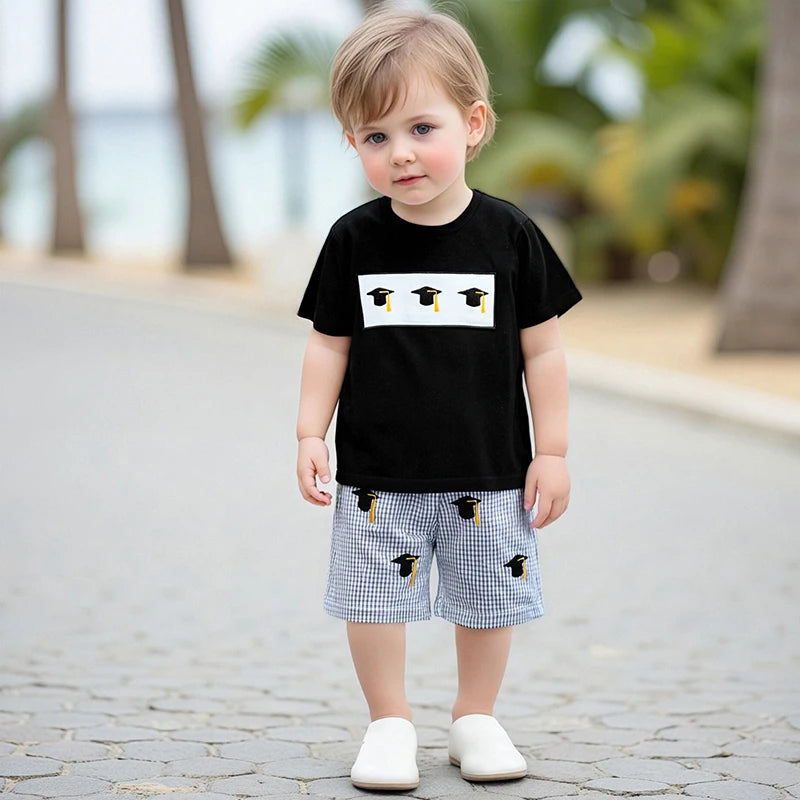 Cute 2 Piece Summer Outfits with Graduation Cap Embroidery Short Sleeve T-Shirt and Plaid Shorts Set for Baby Girl or Boy