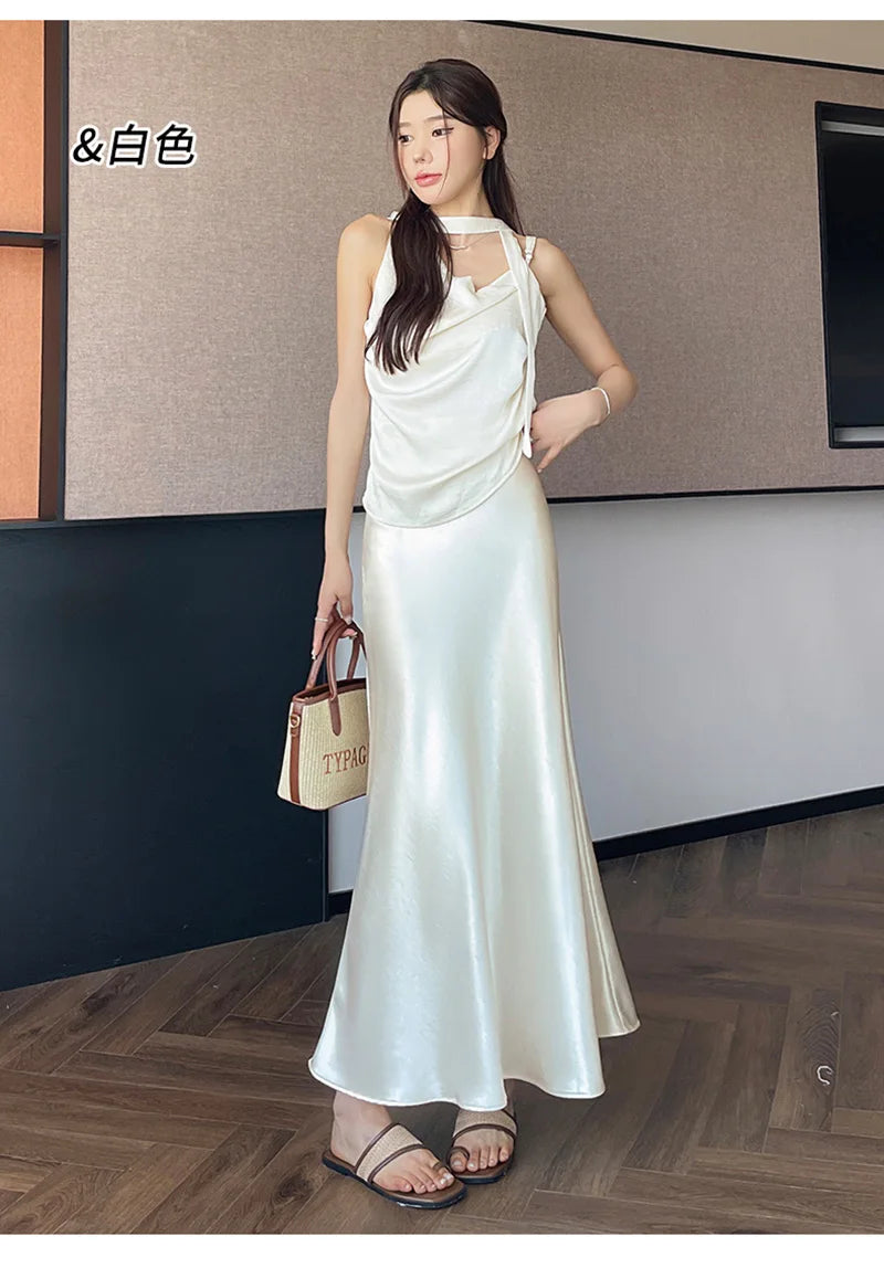 Zoki Chic Satin Elegant Long Skirt Women Casual Fashion High Waist Sweet Trumpet Skirts Slim Summer Female Korean Long Skirts