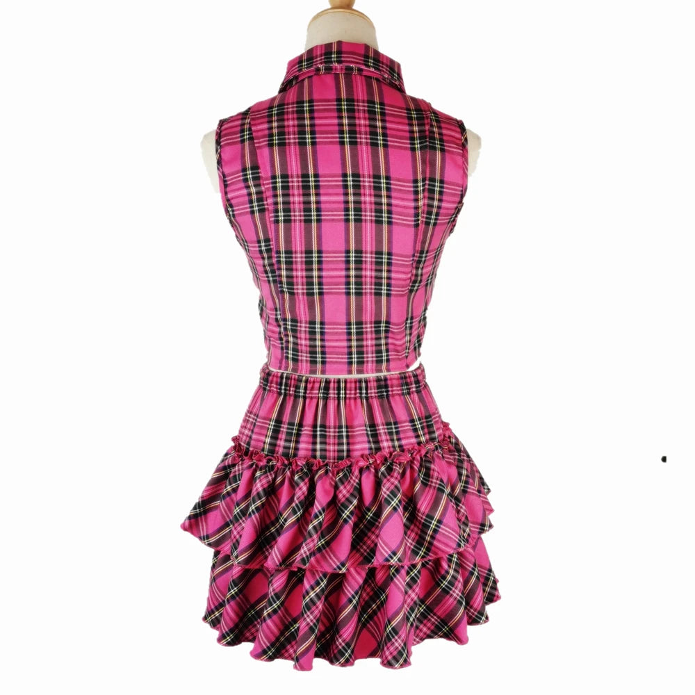 Women Pink Sexy Punk Gothic Zipper Sleeveless Suit Sweet Personality Chain Sleeveless Short T-shirt Streetwear Plaid Skirts
