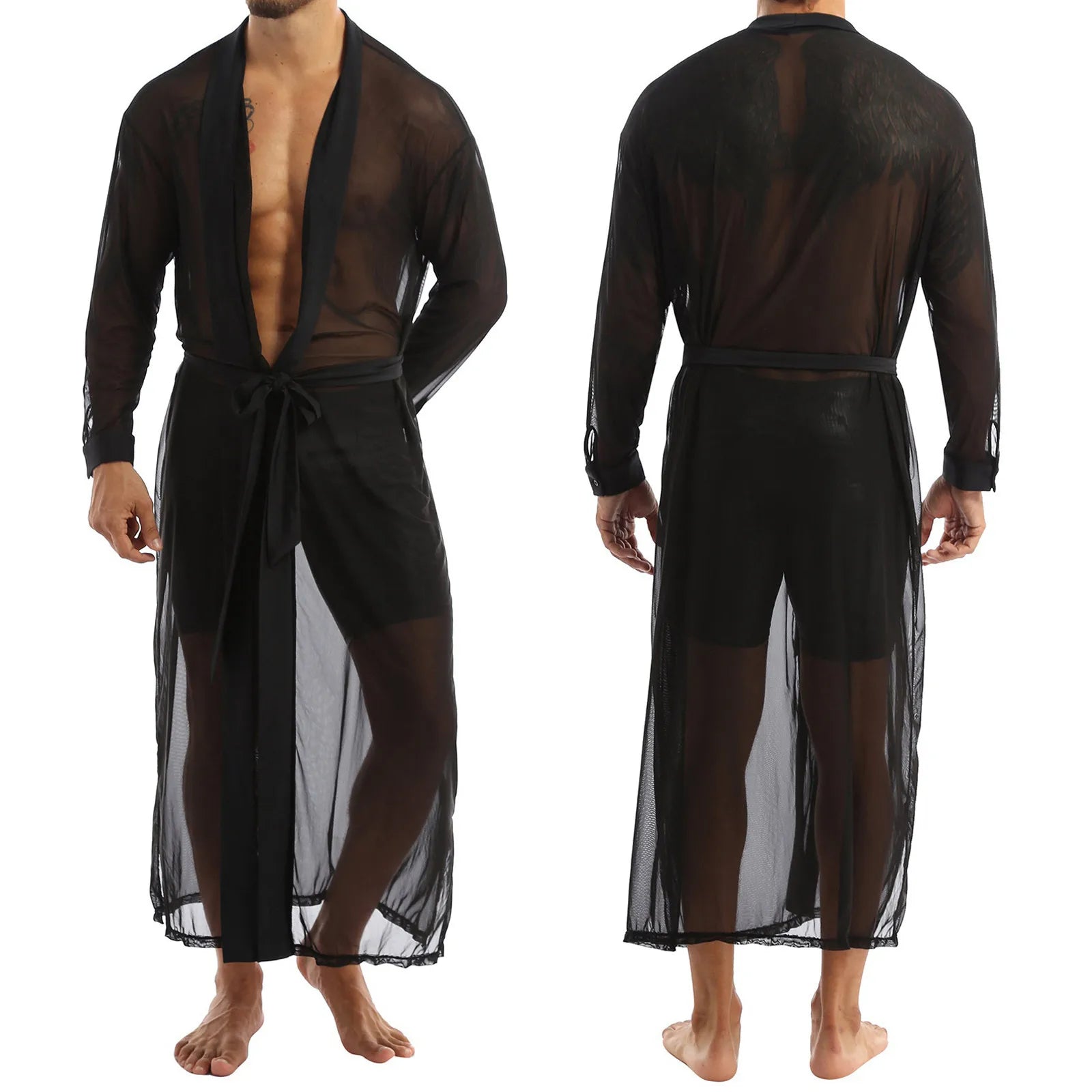 Men Transparent Mesh Robes Sexy Lingerie Front Cardigan Mesh See-through Long Bathrobe Male Gay Long Sleeve Nightgown Underwear