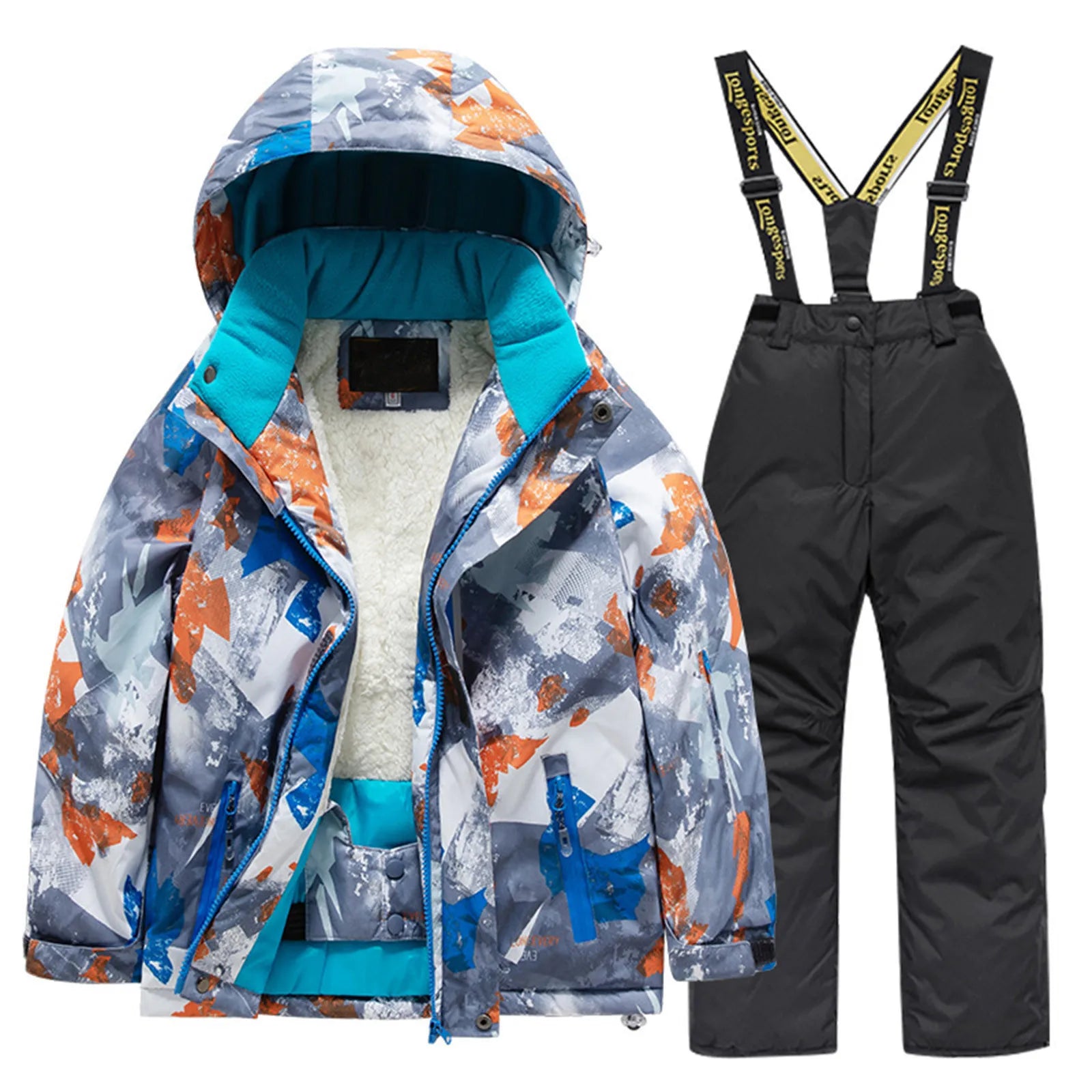 Kids Fleece Lined Ski Jacket & Pants Set Winter Windbroof Snowboarding Rain Coats Girls Handsome Boys and Students Vest Suit