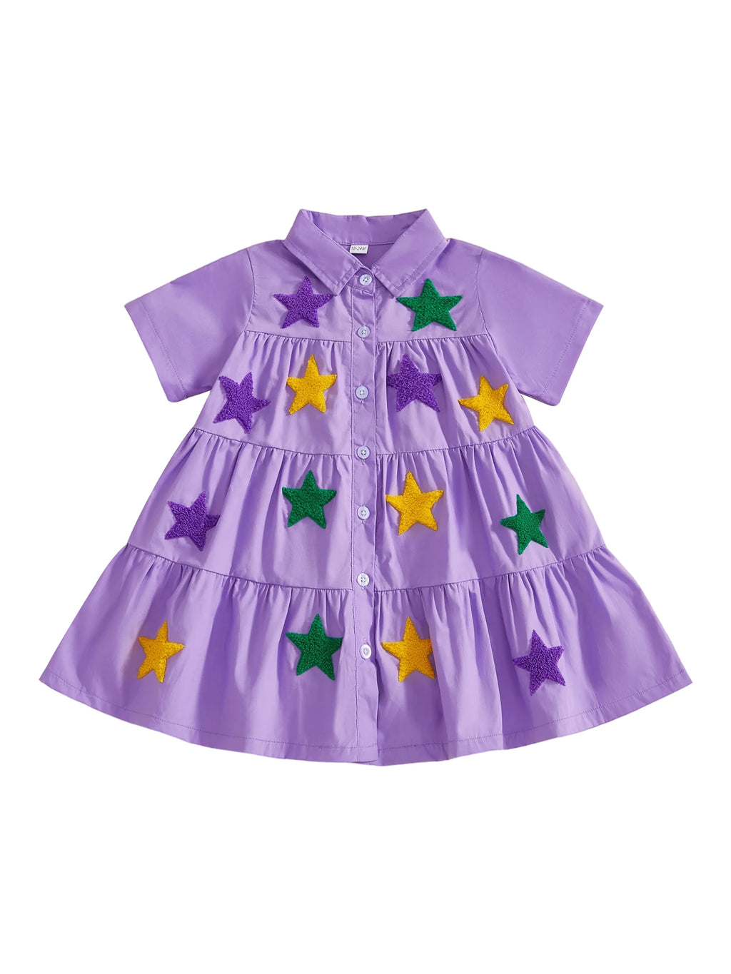 Toddler Mardi Gras Dress with Sequin Star Detail and Tiered Ruffle Skirt Short Sleeve Collared Party Dress for Girls Spring