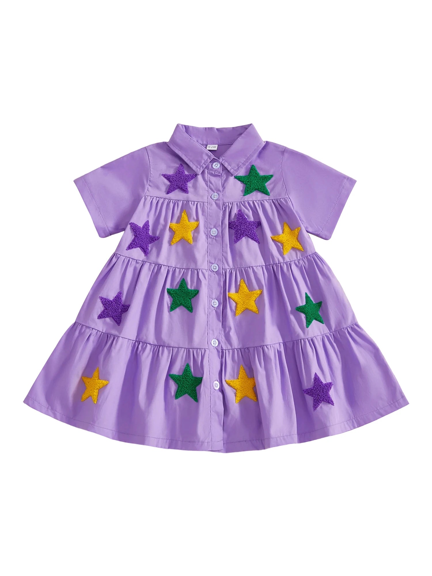 Toddler Mardi Gras Dress with Sequin Star Detail and Tiered Ruffle Skirt Short Sleeve Collared Party Dress for Girls Spring