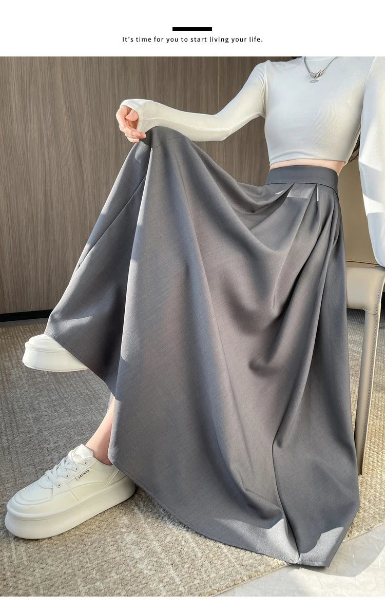 Beiyingni Women Long Suit Maxi Pleated Black Skirts Korean Fashion 2024 Autumn High Waist Slim A-line Skirt Ladies Gray Faldas