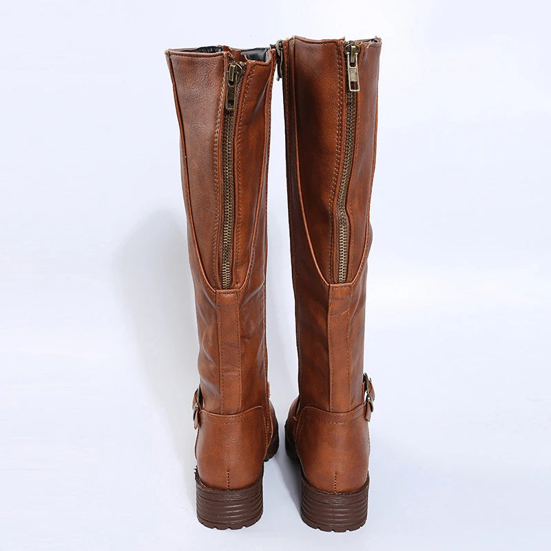 Vintage Brown Women Knee High Boots Big Size Low Heels Platform Long Boots Autumn Winter Pu Leather  Women Warm Booties