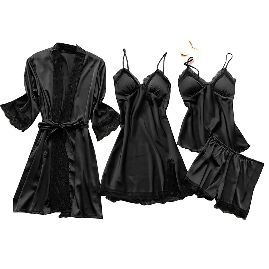 Sexy Fishnet Lingerie Hot Women Silk Dress Robe Sleepwear Pajamas Set Lace Nightdress Lingerie Sexy Lingerie Dress with Garter