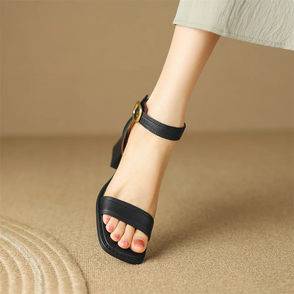 Women's genuine leather sandals narrow band ankle strap 6cm thick med heel open toe summer pumps heels casual shoes for women 42