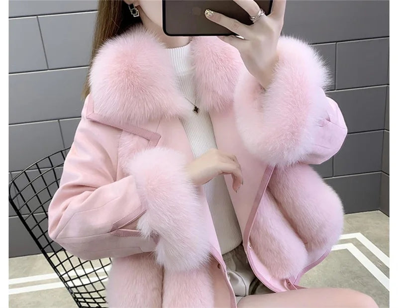 2025 Women Mid-Long Style Faux Fur Jacket Winter Female Pu Leather Splicing Fur Outwear Ladies Long Sleeve Thicken Warm Fur Coat