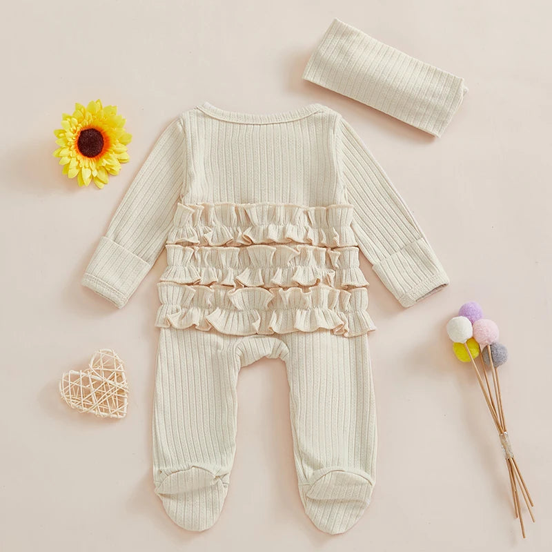 Infant Girls Fall  with Ruffled Sleeves and Matching Headband - Cozy Footed Romper for Autumn Season