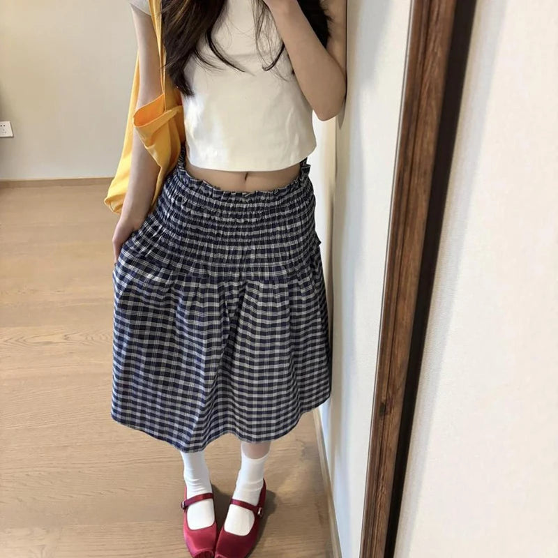 Korean Elastic High Waist Plaid Skirt Women Summer Patchwork Sleeveless A Line Dress Woman 2025 Chic Pleated Midi Skirts Female