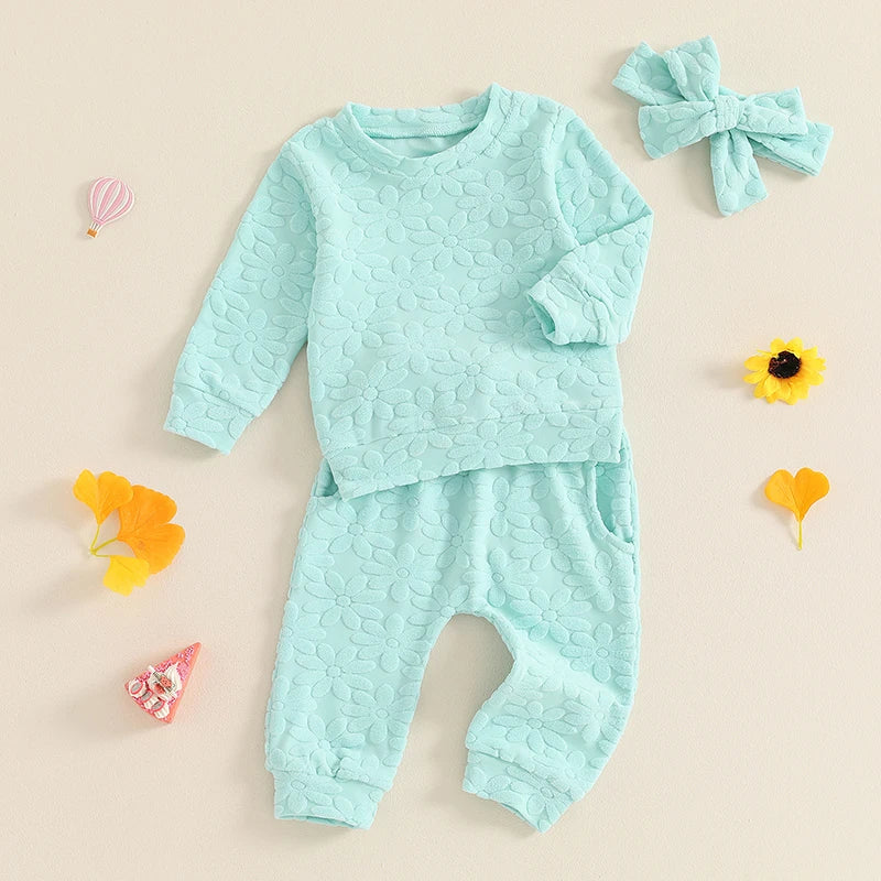 2024-05-22 Lioraitiin Toddler Girl Fall Outfit Daisy Embroidery Long Sleeve Sweatshirt with Elastic Waist Pants Headband Set